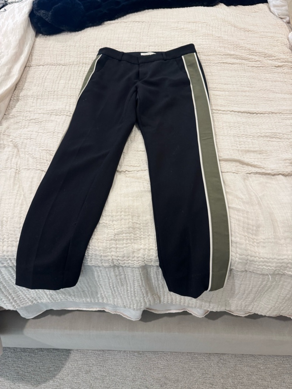 Banana Republic Black Straight-Leg Pants with Olive and White Side Stripe